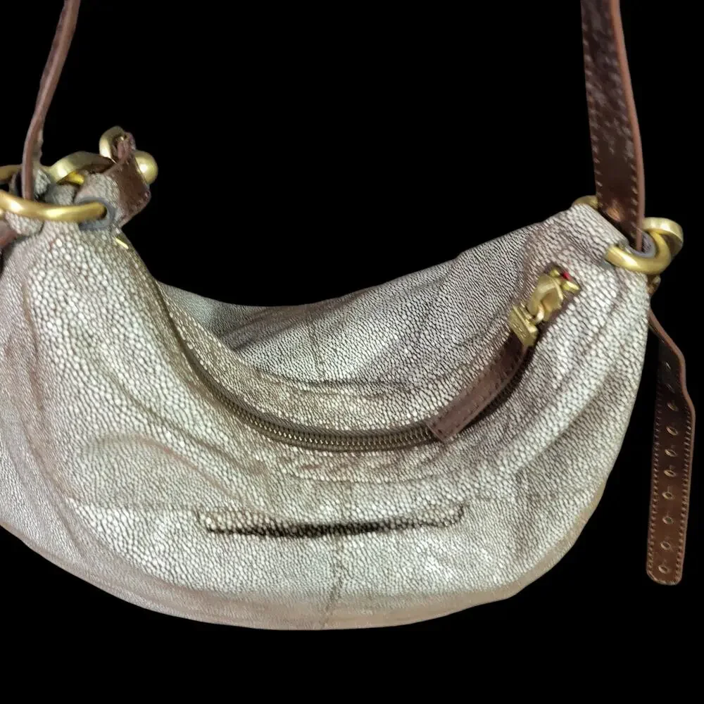 Hobo Slouchy Stingray Shoulder Bag Brown Shagreen Glaze Leather Curved Crossbody